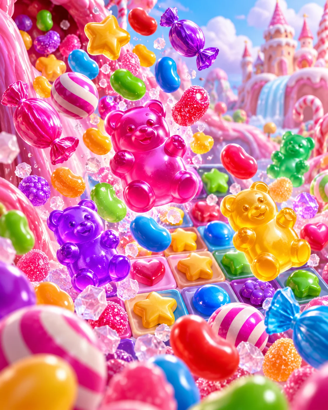 Glossy gummy bears, jellybeans and wrapped candies tumbling through an illustrated pastel candy garden
