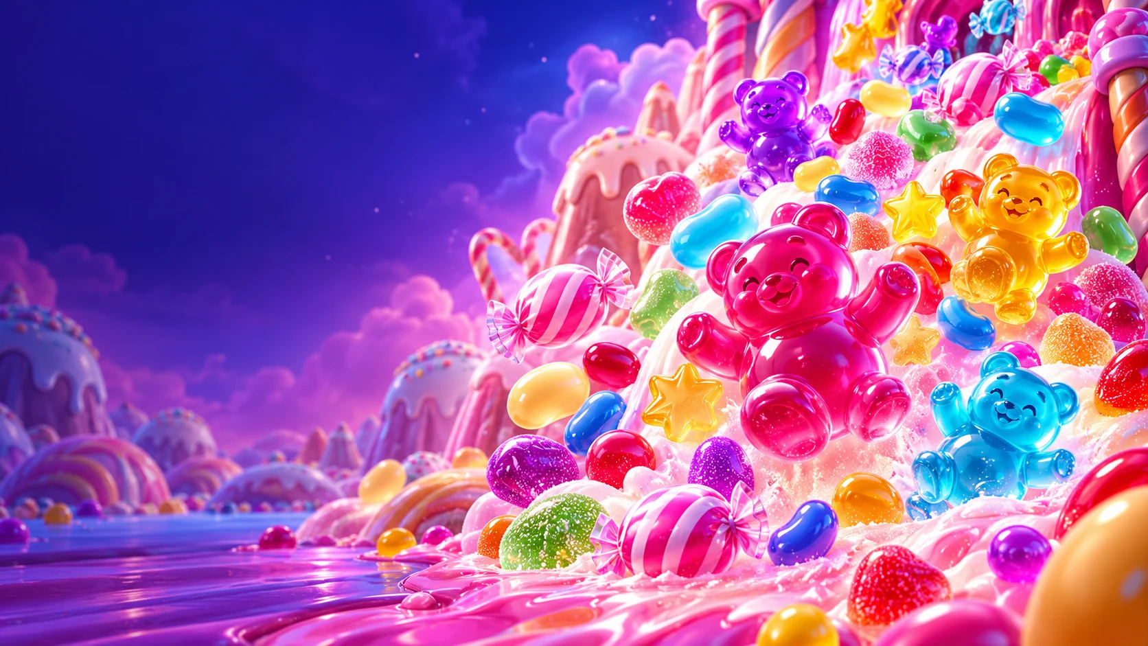 Original illustration of colorful gummy bears, jellybeans and wrapped sweets cascading across a magical candyland